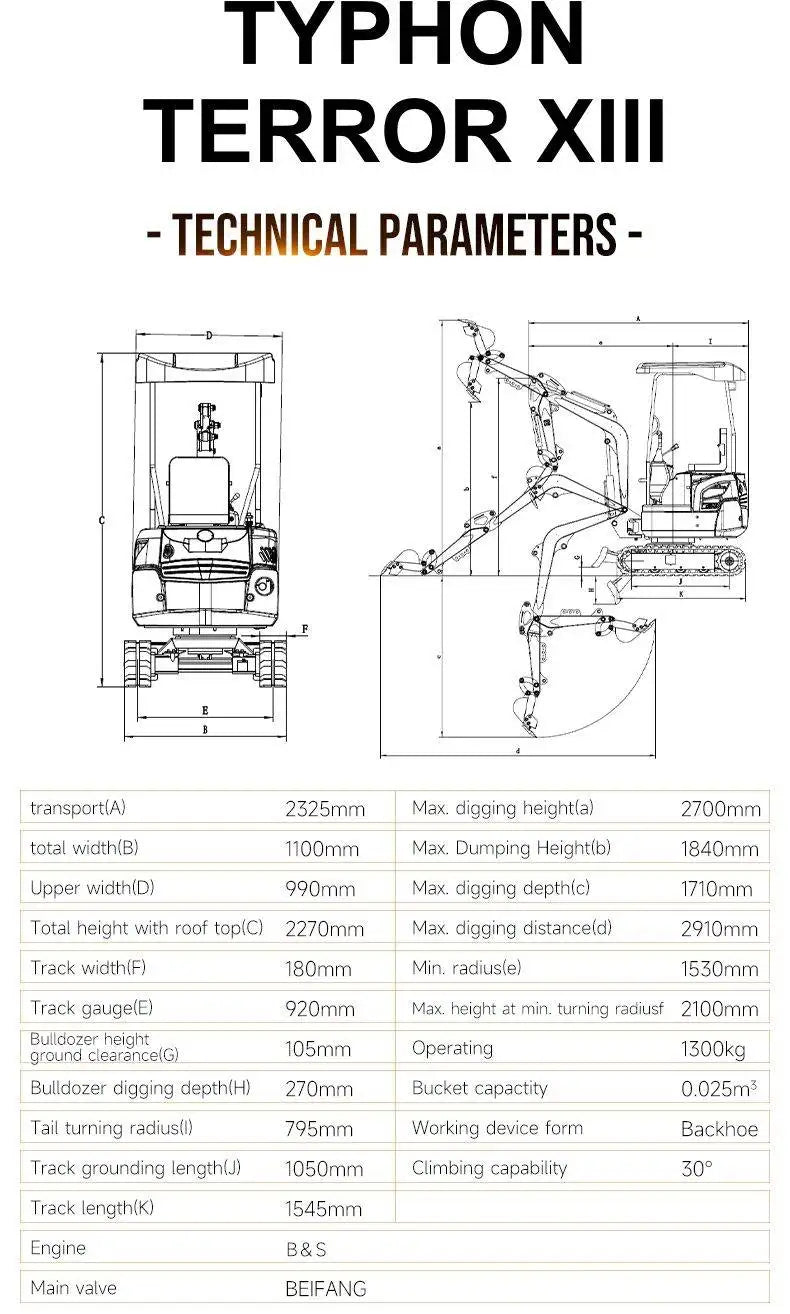 TYPHON TERROR XIII Mini Excavator – 1.3 Ton Trench Digger with Canopy, Hydraulic Thumb Clip, 13.5hp B&S Engine USA