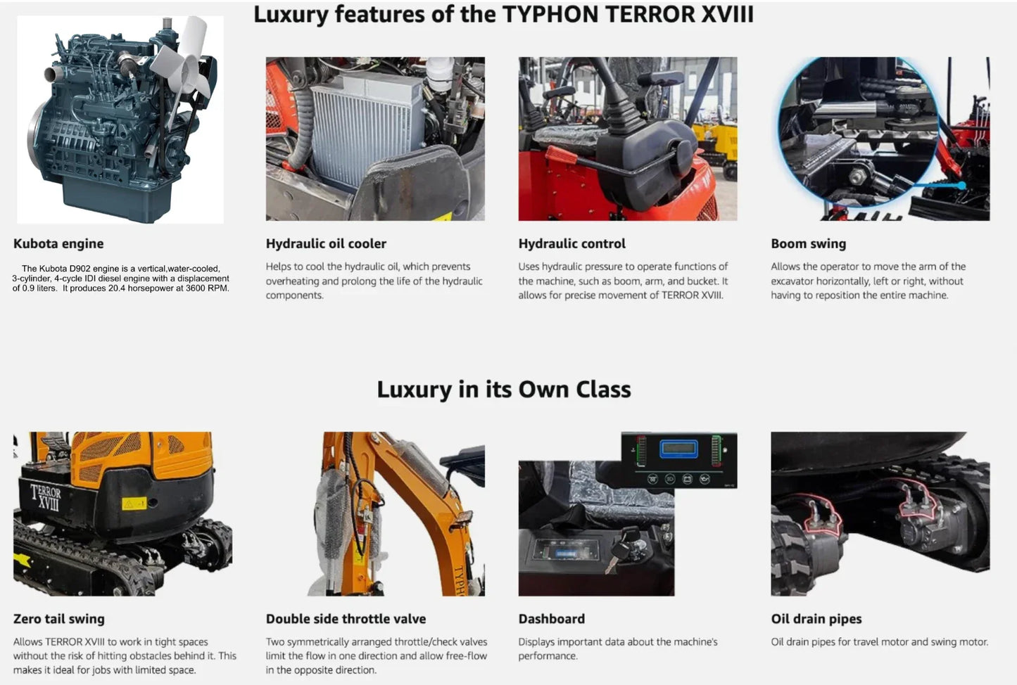 TYPHON TERROR XVIII Prestige 2 Ton Mini Excavator, KUBOTA D902 Diesel Engine USA