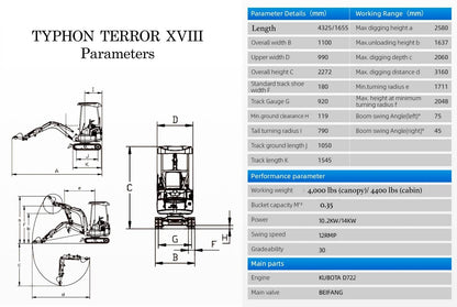 TYPHON TERROR XVIII Prestige 2 Ton Mini Excavator, KUBOTA D902 Diesel Engine USA with 12 attachments