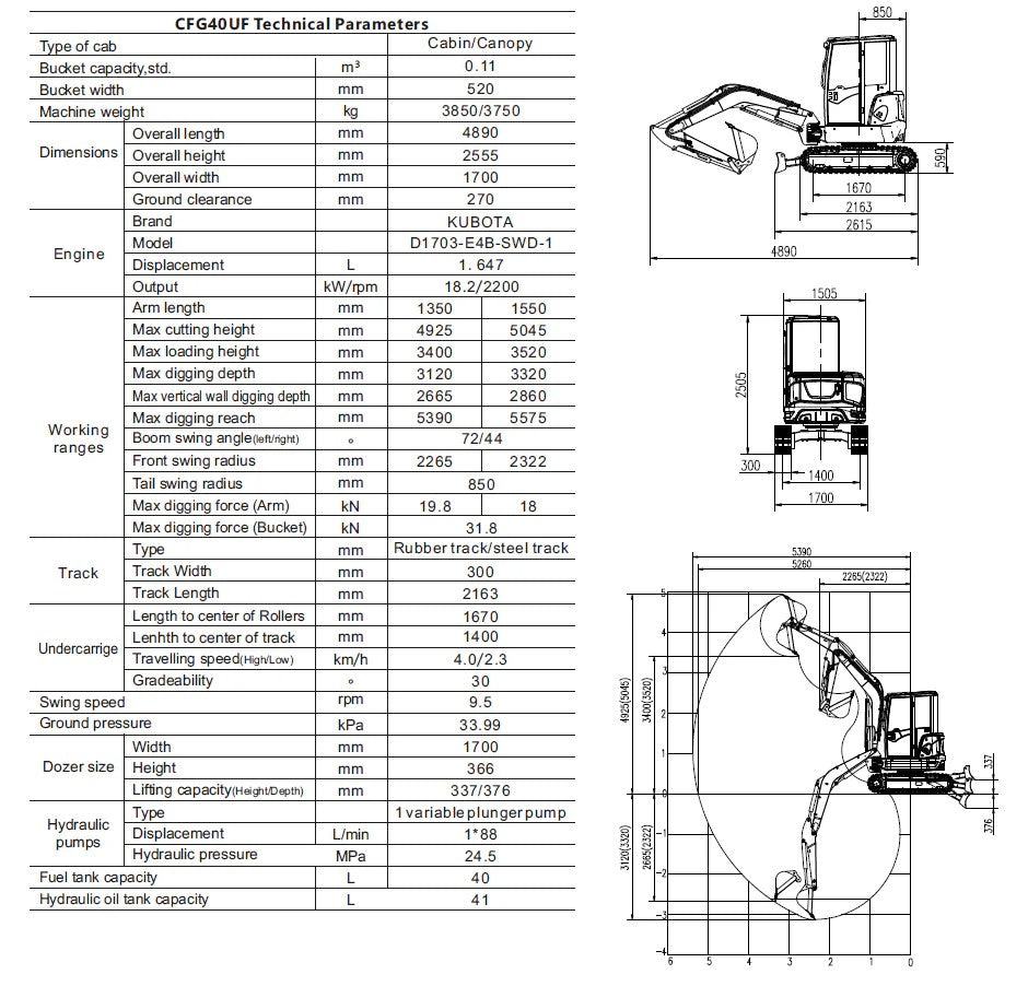 4 Ton, Kubota Diesel Engine Mini Excavator w/ Hydraulic Thumb & A/C | CFG-40UF