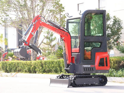 TYPHON TERROR ONE Mini Excavator – 1.1 Ton Trench Digger with Cabin, Hydraulic Thumb Clip, Hydraulic Oil Cooler, 13.5hp B&S Engine USA