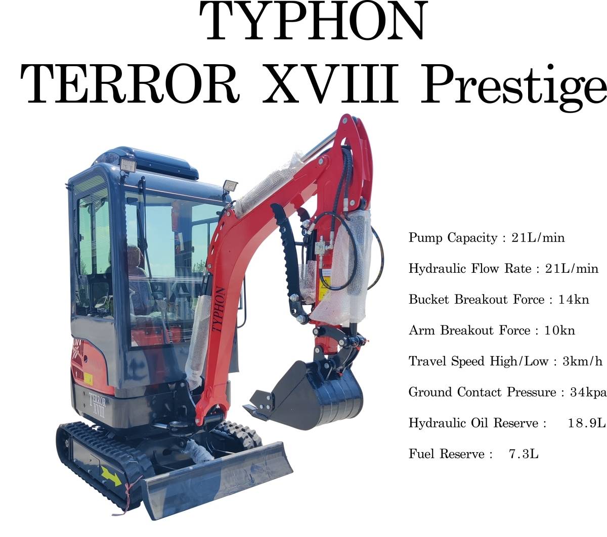 TYPHON TERROR XVIII Prestige 2 Ton Mini Excavator, KUBOTA D902 Diesel Engine USA with 12 attachments