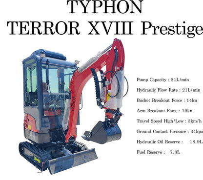 TYPHON TERROR XVIII Prestige 2 Ton Mini Excavator, KUBOTA D902 Diesel Engine USA with 12 attachments